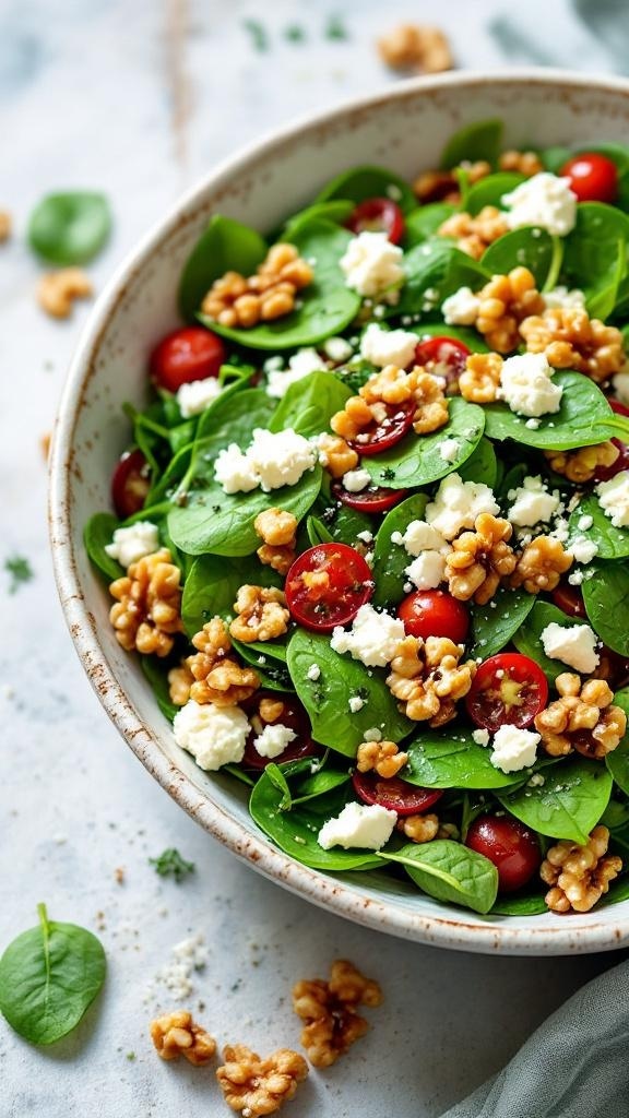 A bowl of spinach and feta salad with cherry tomatoes and walnuts