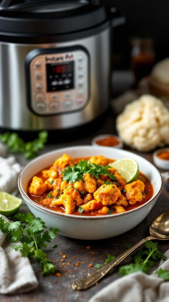 A bowl of spicy cauliflower stew with lime and cilantro, next to an Instant Pot.