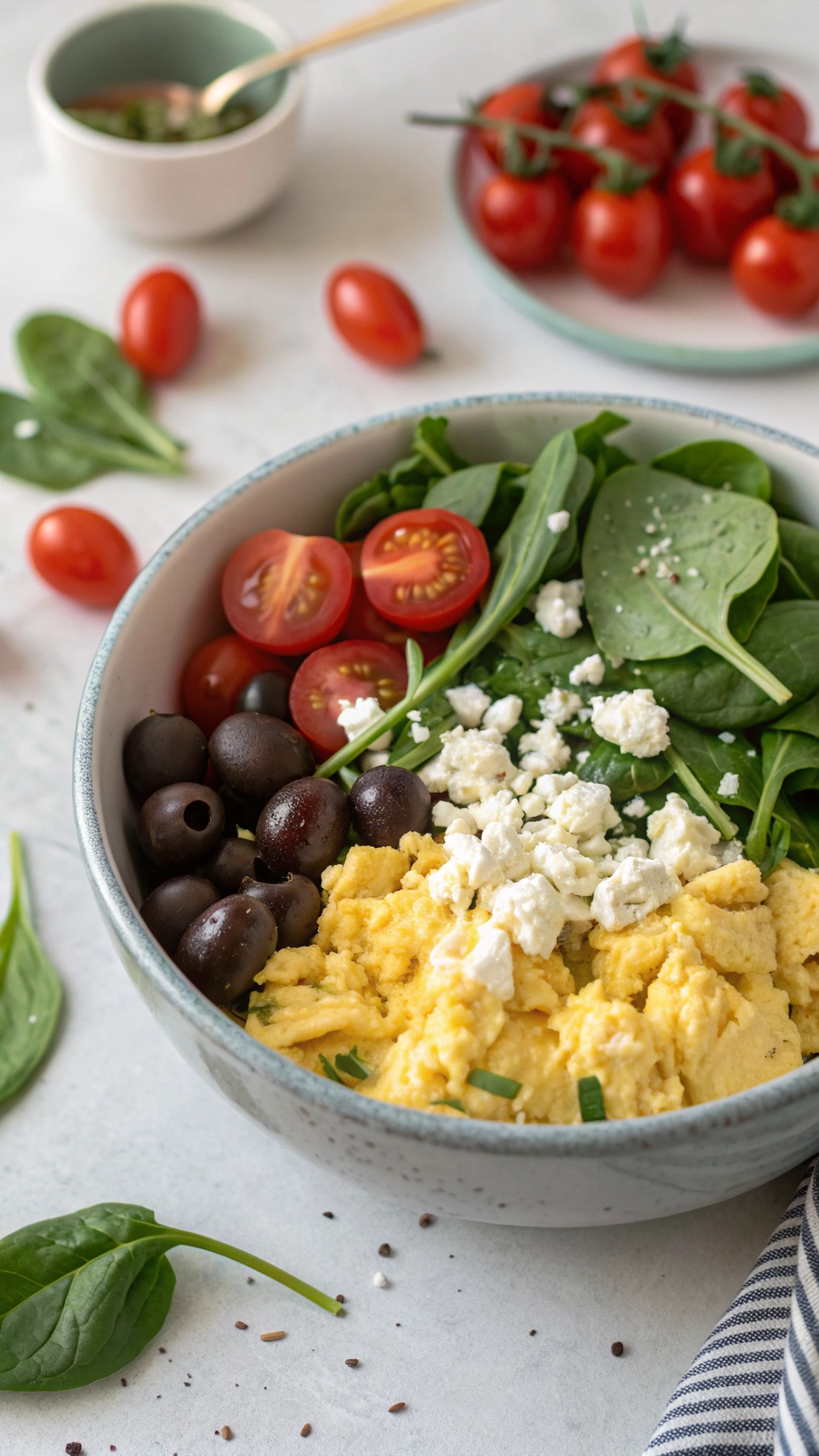 A colorful Spinach and Feta Egg Bowl with scrambled eggs, spinach, cherry tomatoes, and olives.