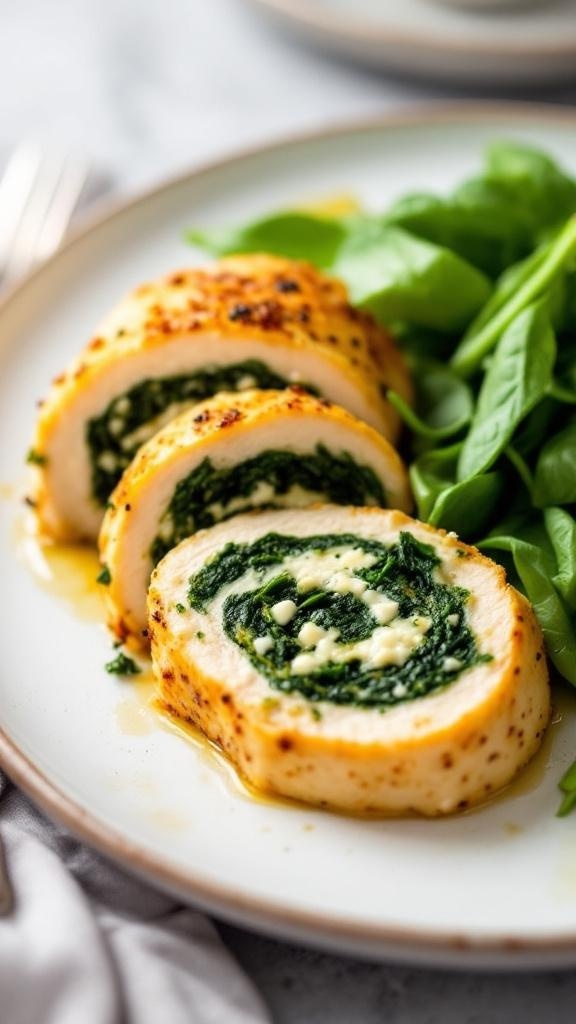 Spinach and feta stuffed chicken breasts served with a side of fresh spinach