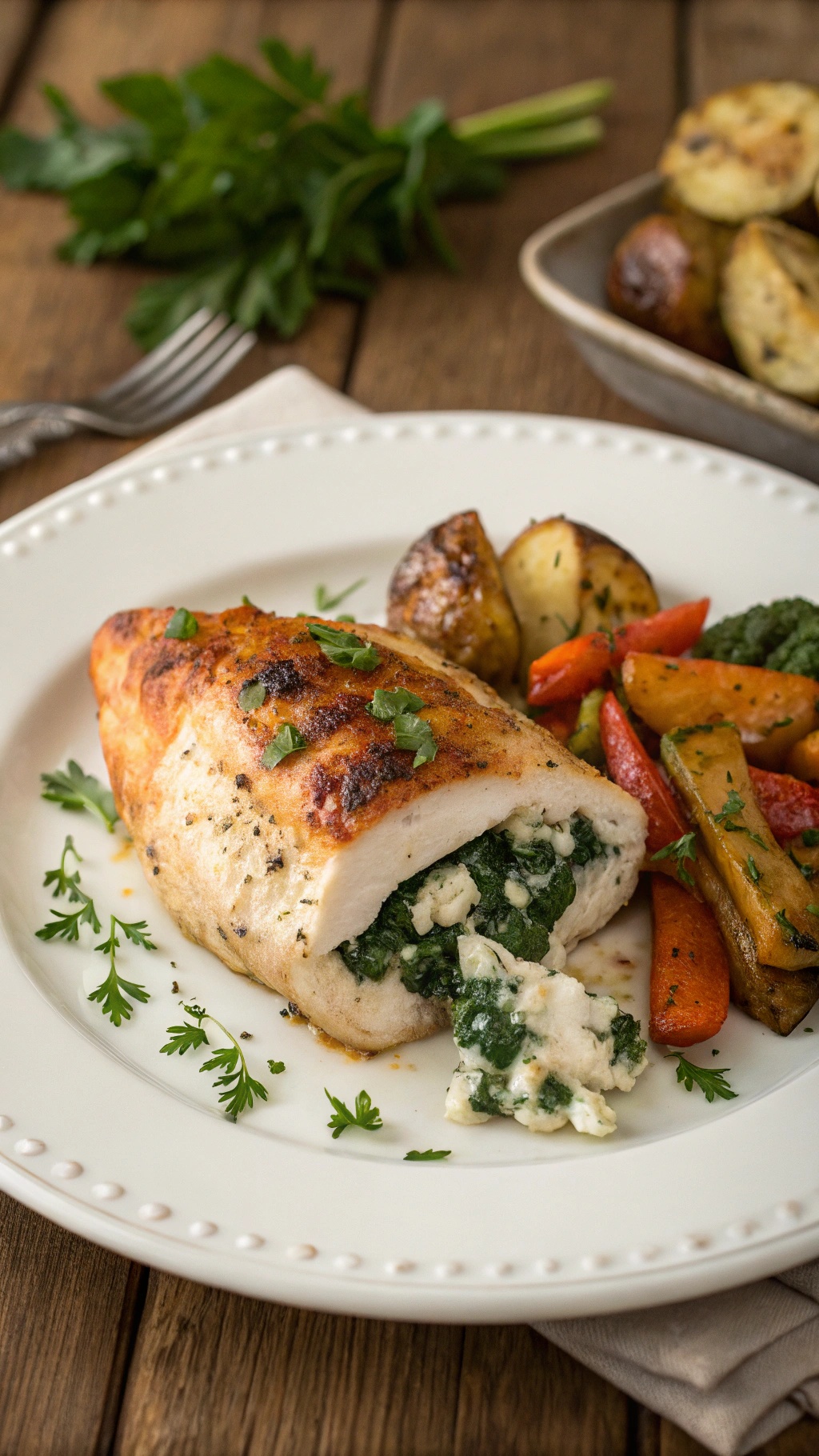 Spinach and feta stuffed chicken breast served with roasted vegetables.