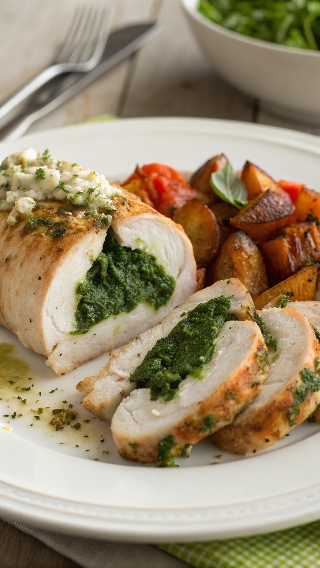 Spinach and feta stuffed chicken breast with roasted vegetables on a plate.