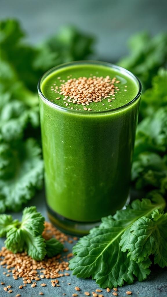 A green smoothie made with spinach and kale, topped with sesame seeds, surrounded by fresh greens.