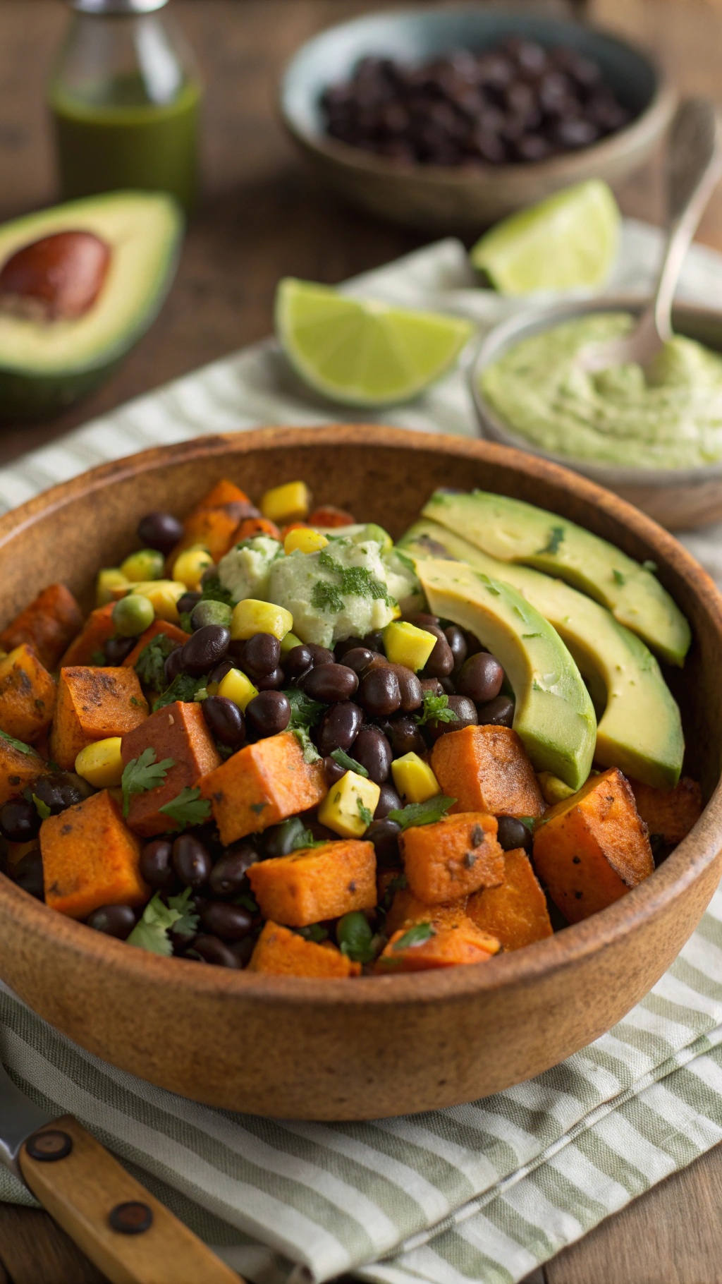 A nutritious sweet potato and black bean salad with avocado and corn in a wooden bowl.