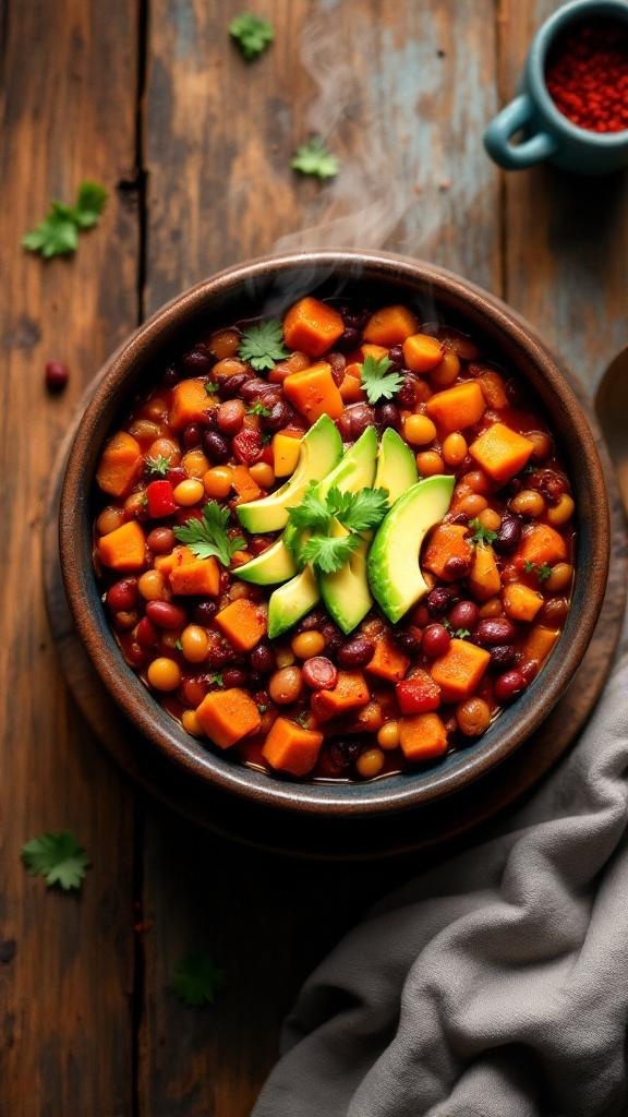 A bowl of nutritious sweet potato chili topped with avocado and cilantro, served on a wooden table.