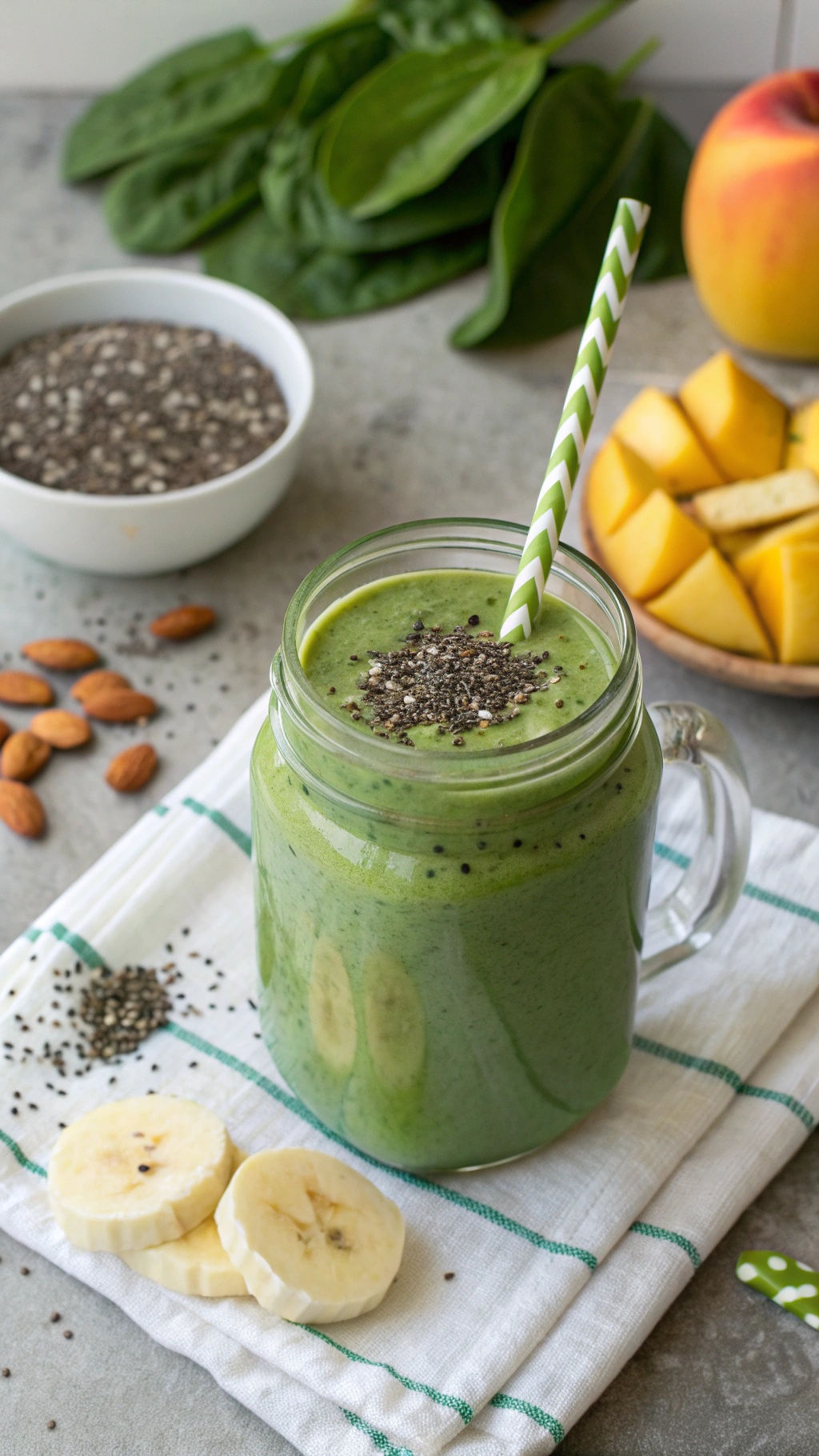 A green vegan protein smoothie in a glass jar, topped with chia seeds, surrounded by bananas, spinach, and mango.