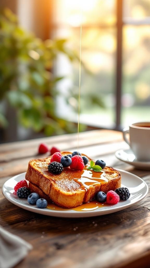 Delicious whole wheat French toast topped with fresh berries and syrup