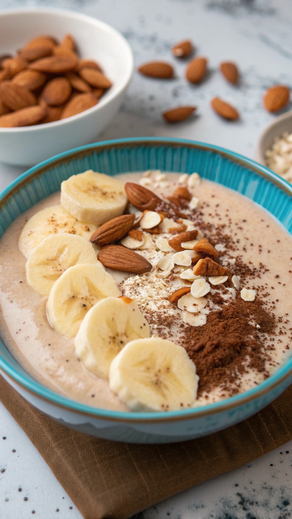 A smoothie bowl topped with banana slices, almonds, and cocoa powder.