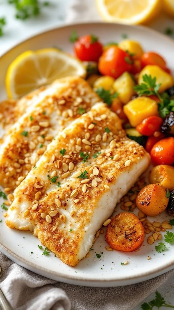 Nutty almond-crusted tilapia served with roasted vegetables and lemon slices.