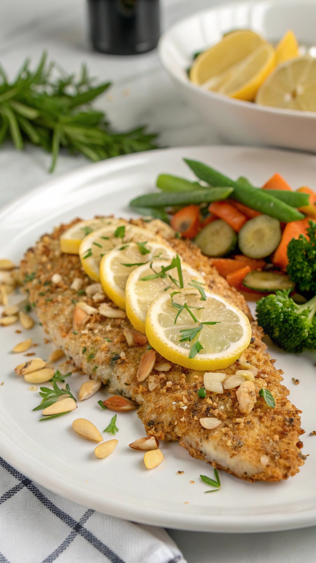 Nutty almond-crusted tilapia served with lemon slices and steamed vegetables.