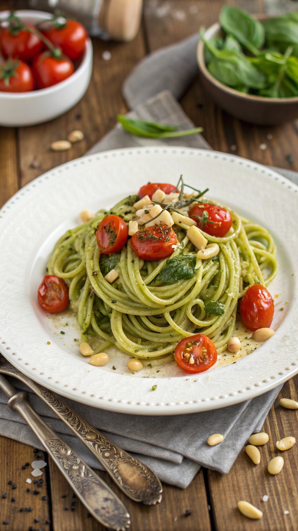 A plate of Nutty Almond and Spinach Pesto Pasta topped with cherry tomatoes and pine nuts.