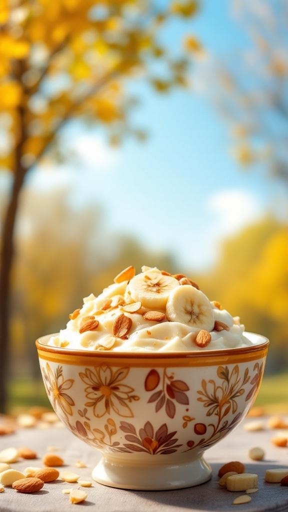 A bowl of banana pudding topped with sliced bananas and almonds, set against a sunny outdoor background.