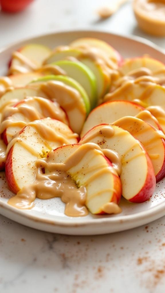 Plate of apple slices drizzled with almond butter and sprinkled with cinnamon