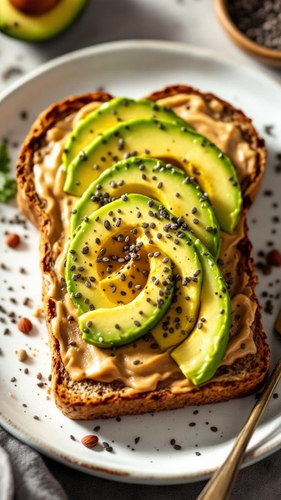 A beautifully arranged plate of avocado toast topped with almond butter, chia seeds, and edible flowers.