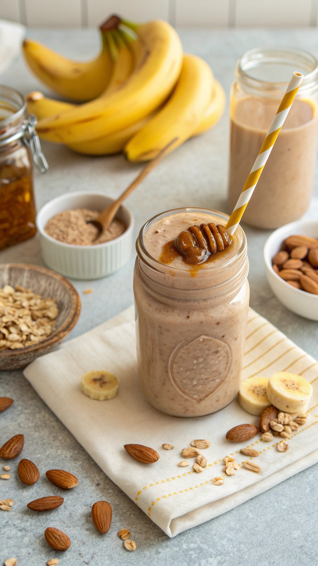 Nutty Almond Butter Banana Smoothie with ingredients like bananas, oats, and almonds