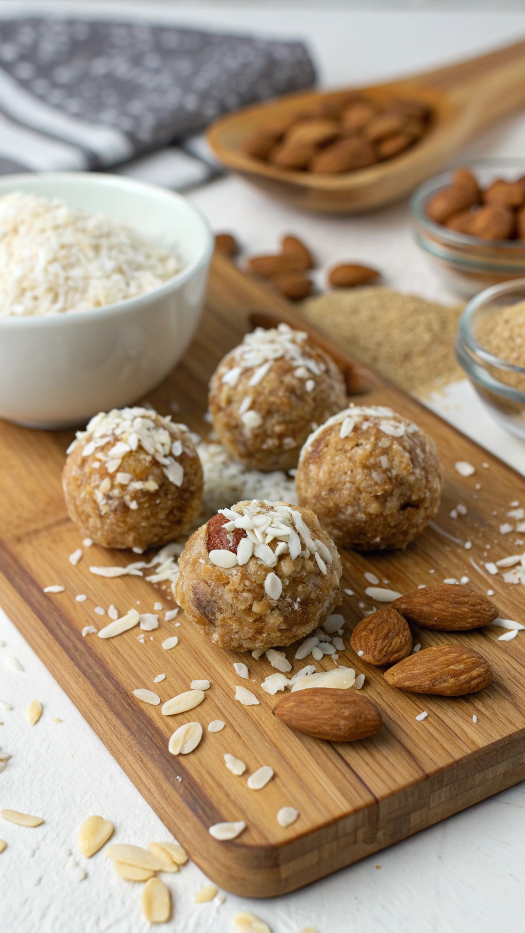 Nutty almond butter energy balls on a wooden board with almonds and coconut flakes.