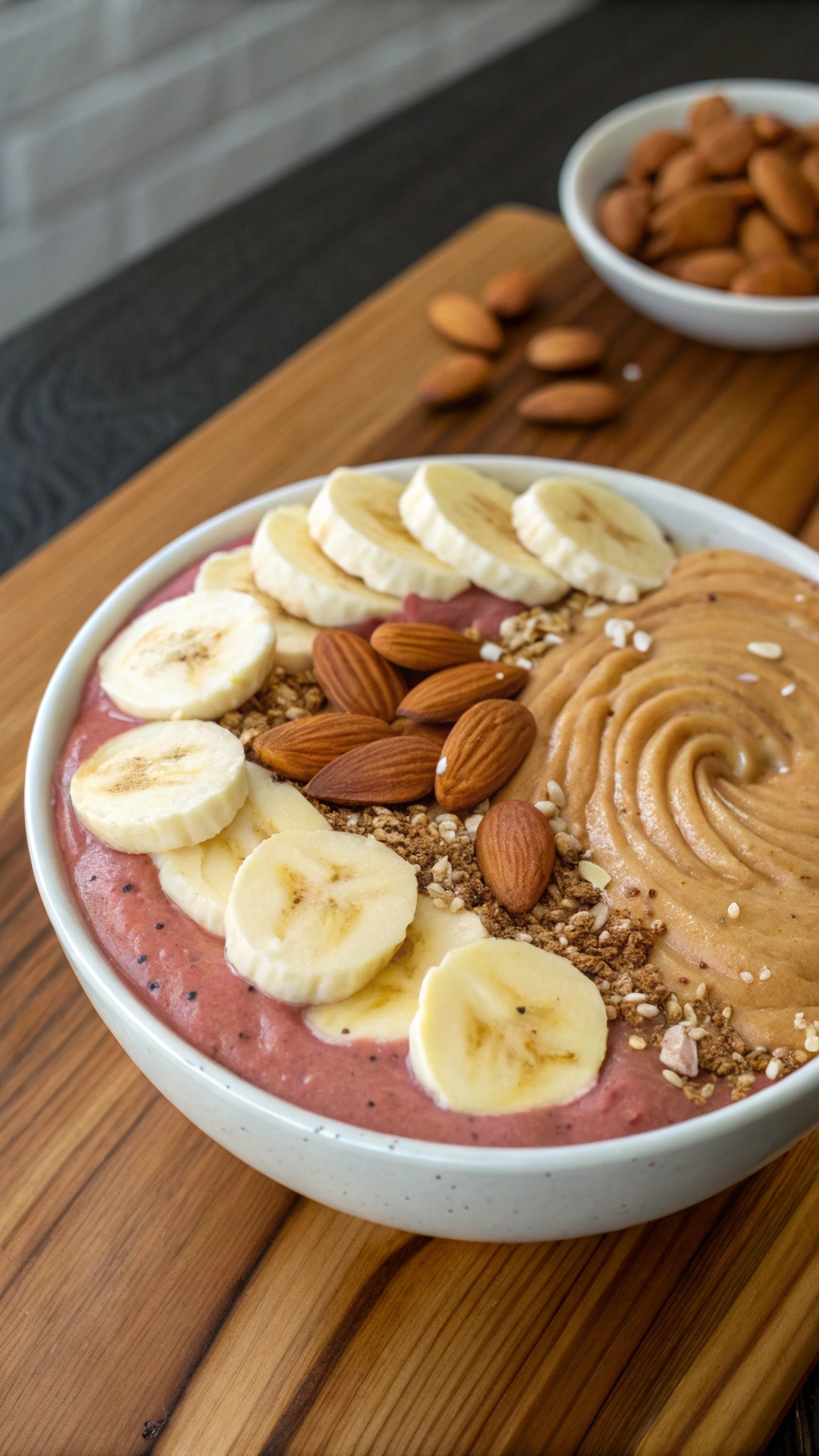 A Nutty Almond Butter Smoothie Bowl topped with banana slices, almonds, and granola.