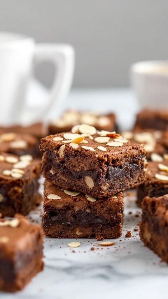 Nutty almond flour brownies topped with sliced almonds