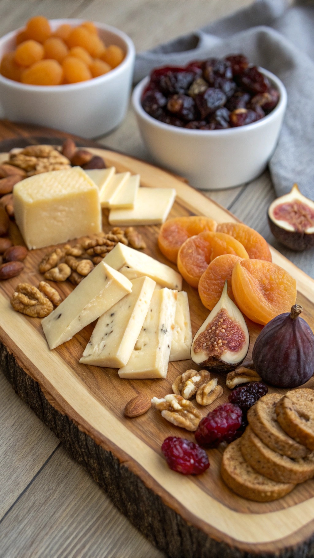 A beautifully arranged cheese board with various cheeses, nuts, dried fruits, and crackers.