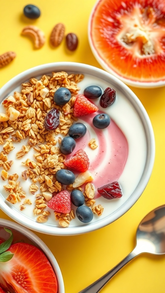 A colorful trail mix yogurt bowl with granola, berries, and nuts.