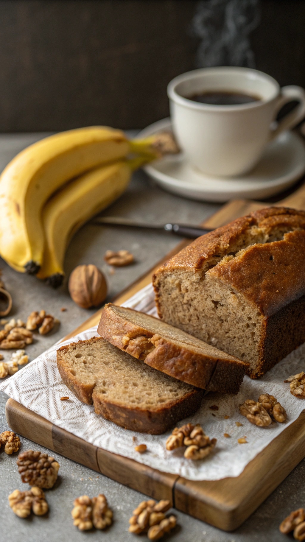 Freshly baked whole wheat banana bread with walnuts, sliced and served with bananas and coffee.
