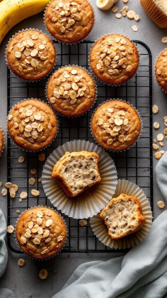 A batch of banana oat muffins on a cooling rack, with some muffins in wrappers and fresh bananas nearby.