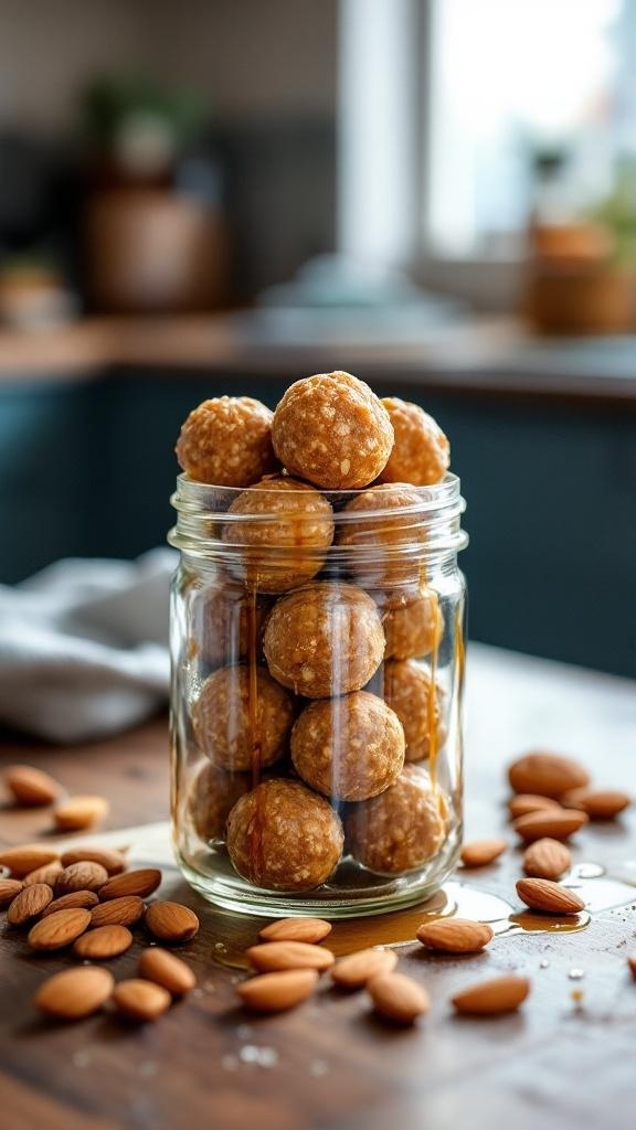 A jar filled with maple almond energy bites, surrounded by almonds on a wooden table.