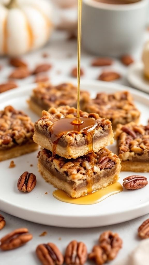Maple pecan pie bars drizzled with syrup on a plate with pecans scattered around.