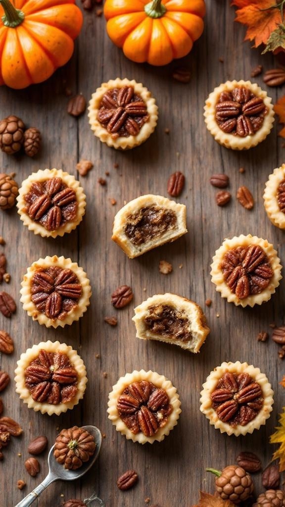 Mini maple pecan pie bites arranged on a wooden table with pumpkins and pecans