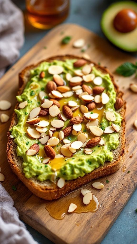 Nutty avocado toast topped with almonds and honey on a wooden board