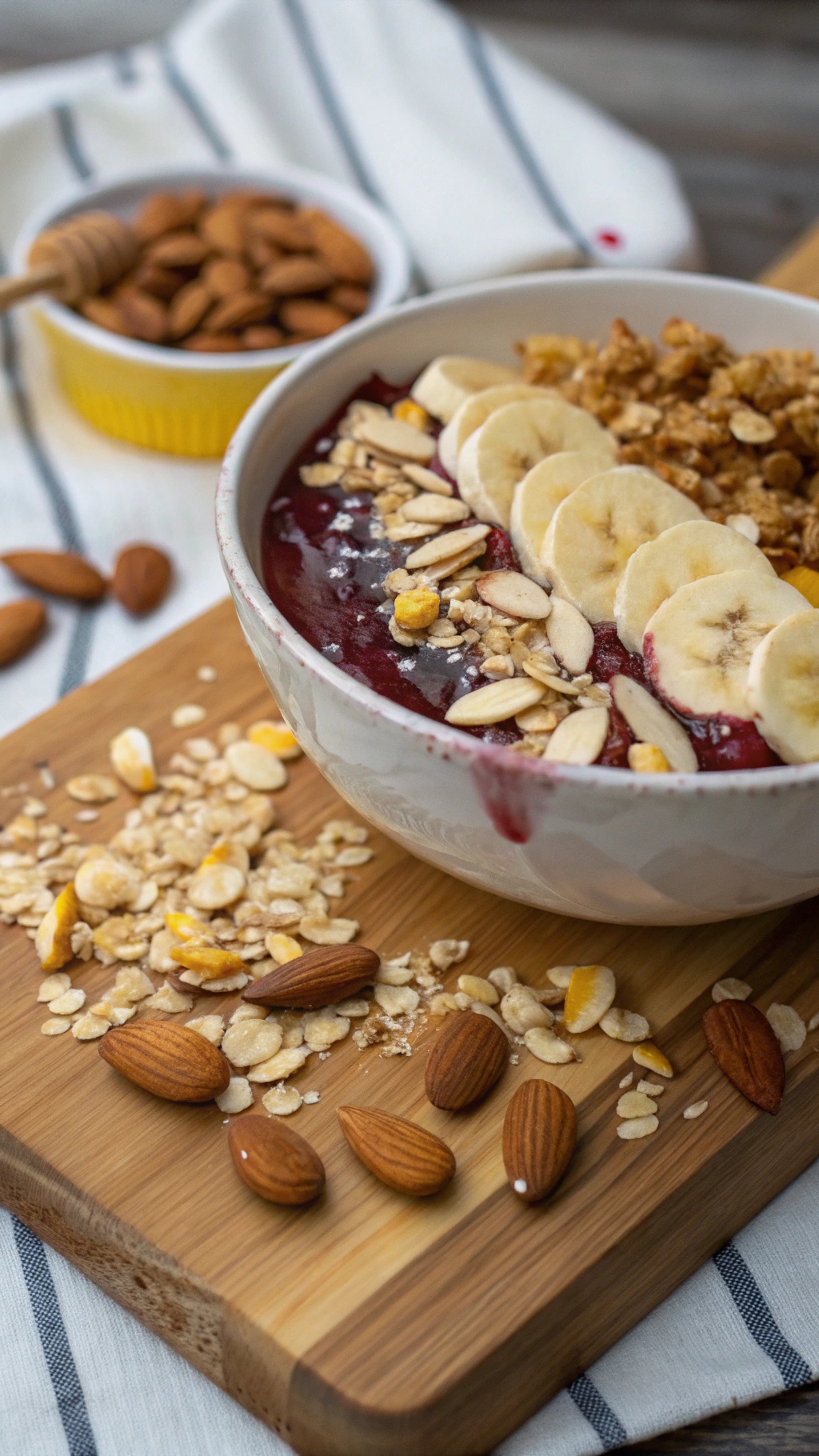 A colorful acai bowl topped with banana slices, almonds, and granola on a wooden board.