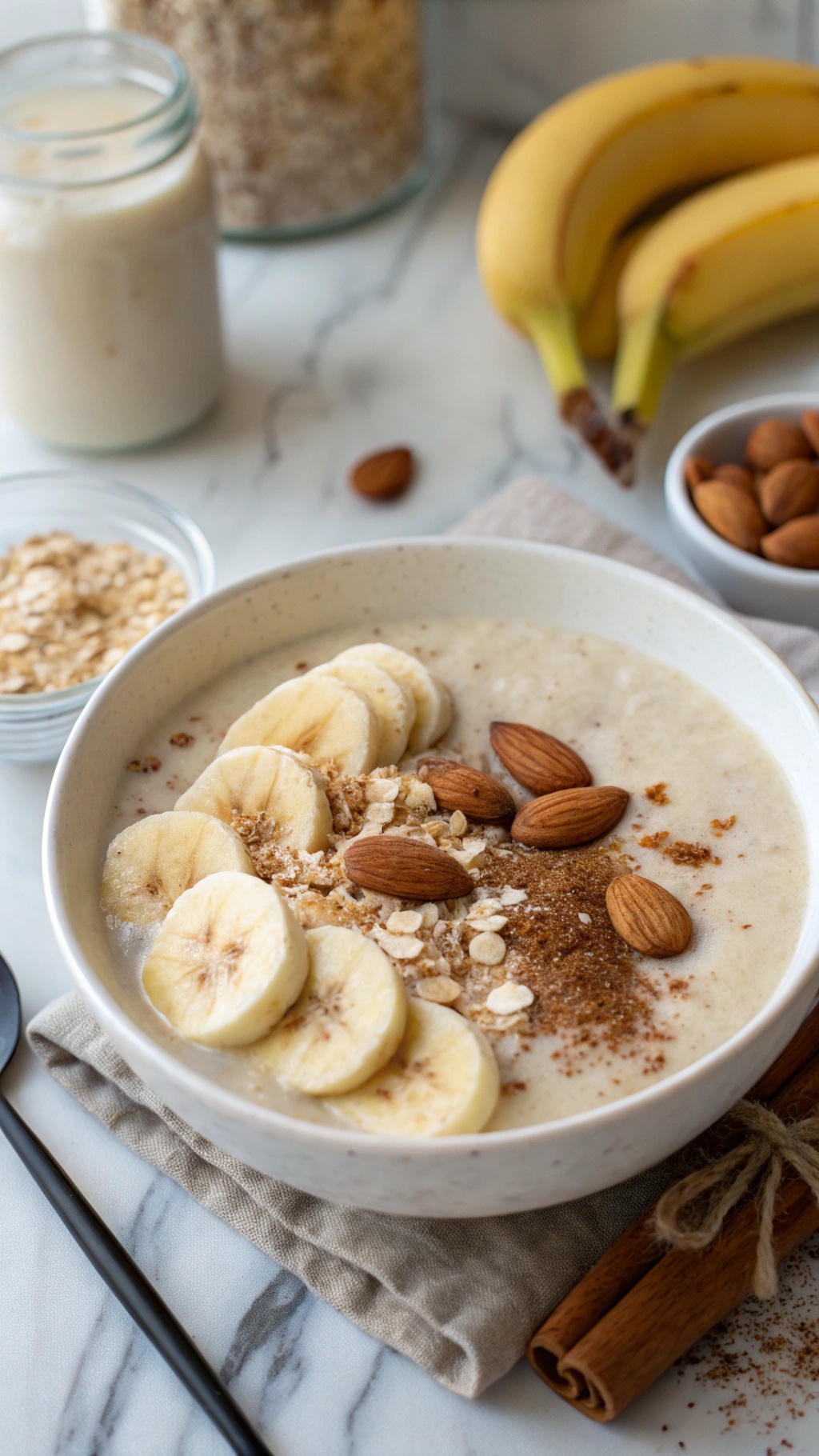 Nutty Banana Oat Smoothie Bowl with banana slices, almonds, and oats on top.