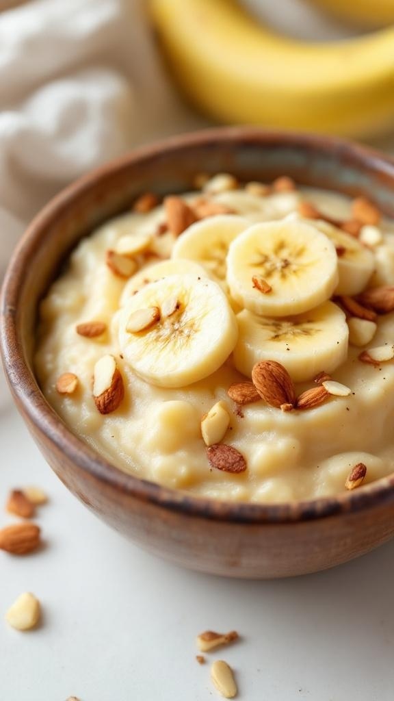 Nutty banana pudding topped with banana slices and almonds in a bowl