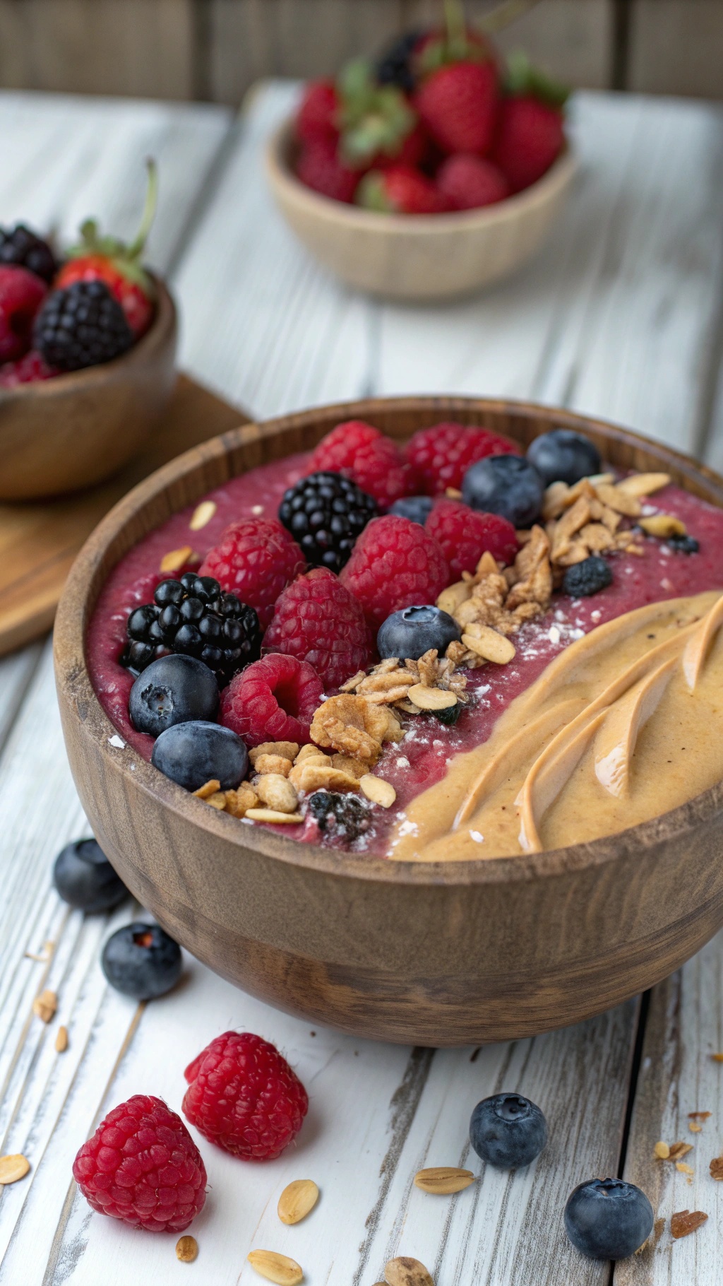 A colorful Peanut Butter Berry Bowl topped with fresh berries and granola
