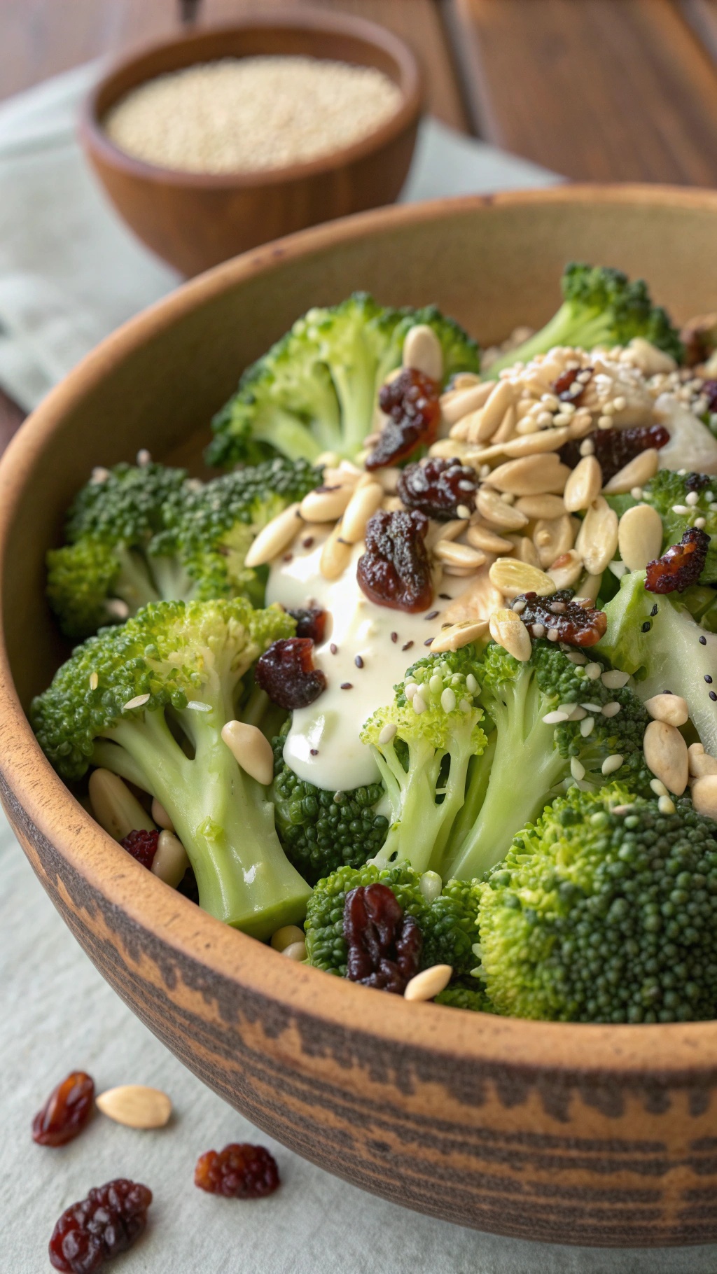 A bowl of Nutty Broccoli and Raisin Salad with broccoli, raisins, and nuts.