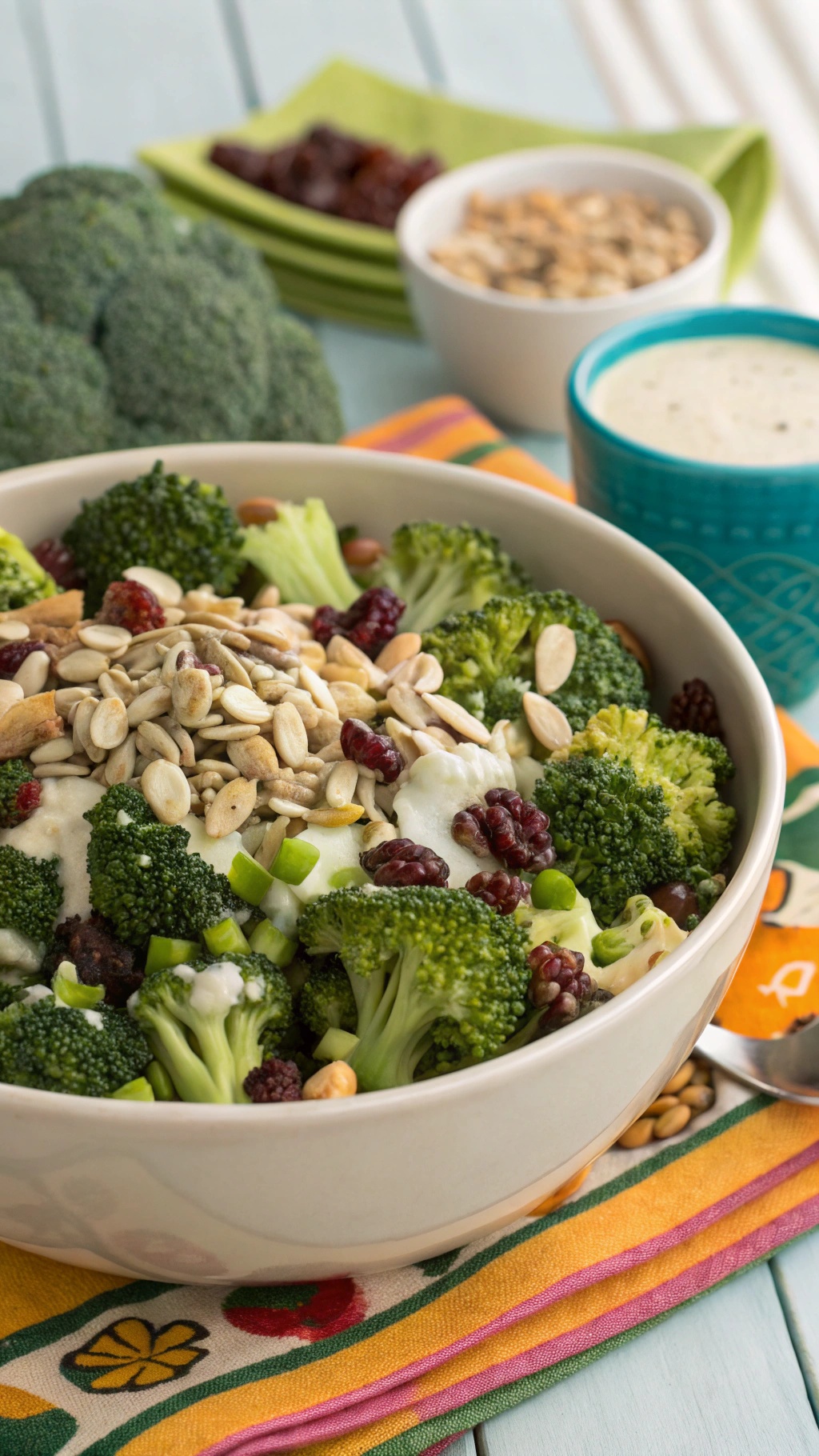 Nutty Broccoli Salad with raisins and sunflower seeds in a bowl, surrounded by fresh broccoli and a creamy dressing.