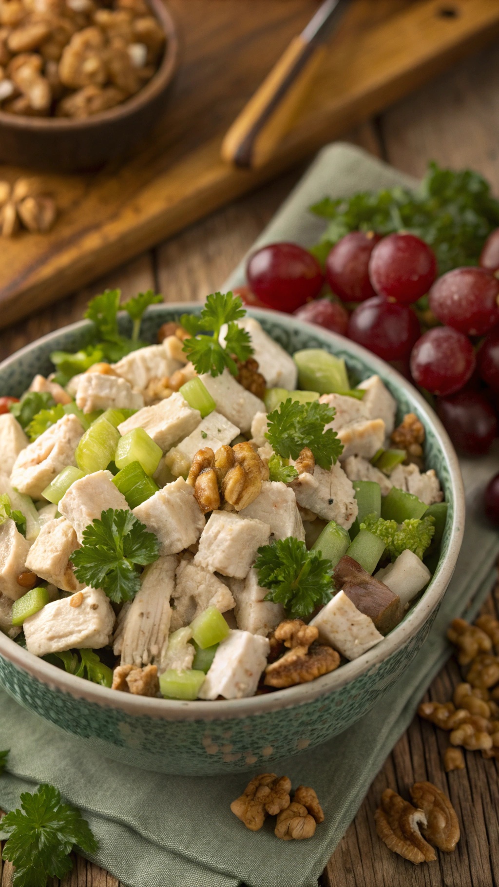 Nutty chicken salad with walnuts, celery, and grapes in a bowl