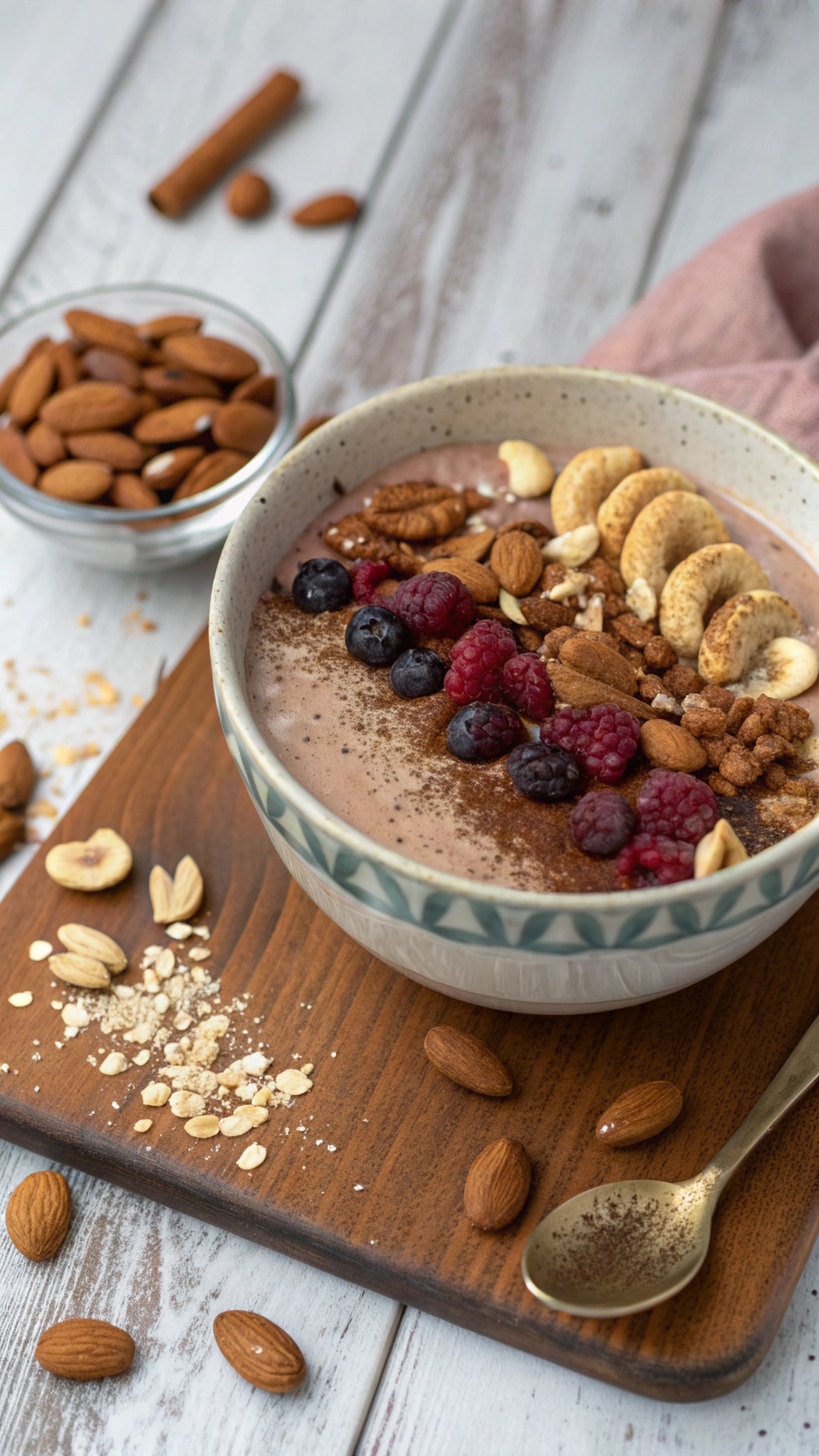 A delicious smoothie bowl topped with nuts, berries, and oats