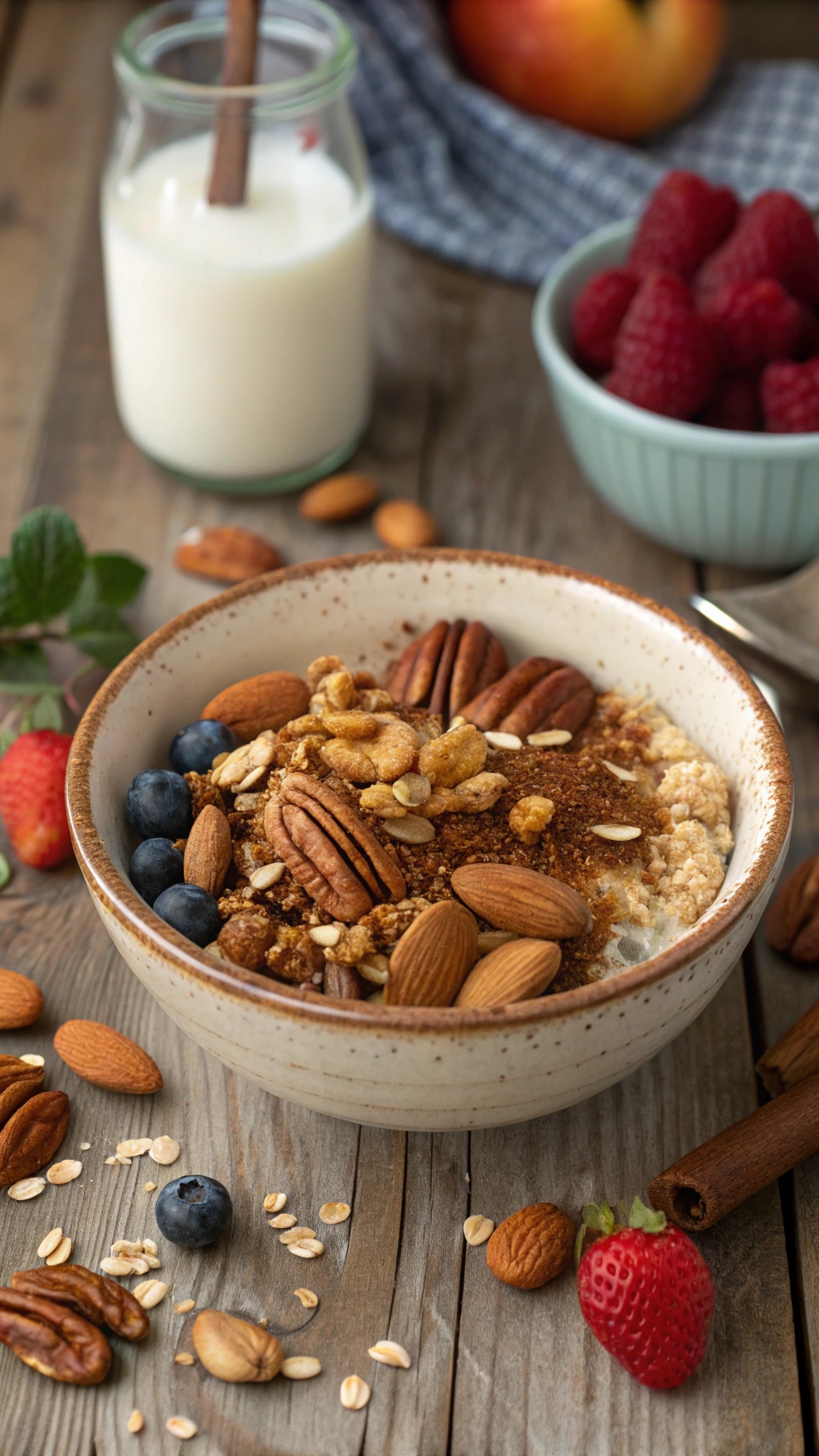 A bowl of nutty granola topped with berries and nuts, with a glass of milk and fresh fruit in the background.