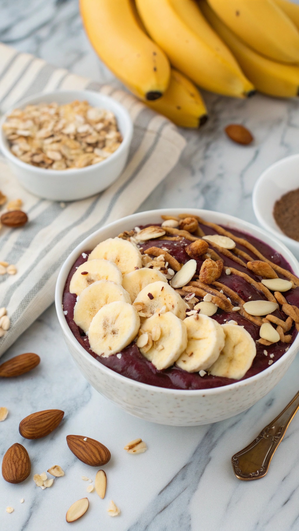 A delicious acai bowl topped with banana slices, almond butter, and almonds, with bananas in the background.