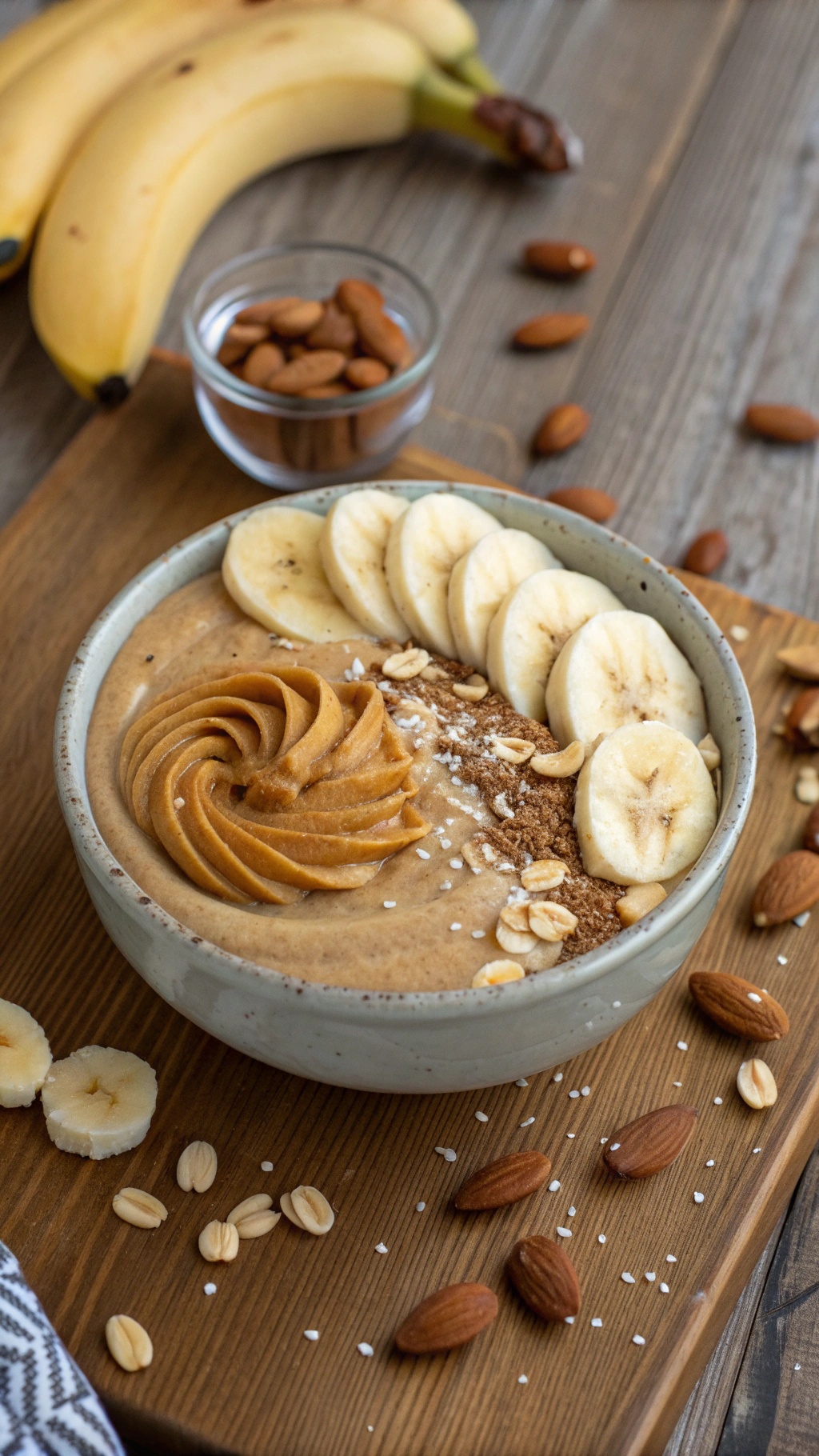 A delicious almond butter banana smoothie bowl topped with banana slices, almonds, and oats.