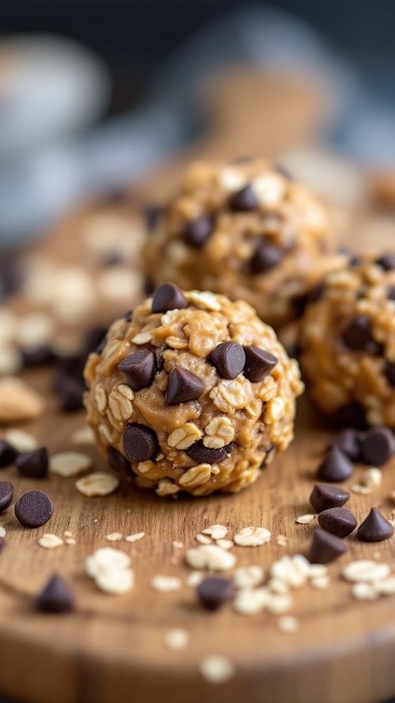 Nutty energy bites made with oats and chocolate chips on a wooden surface.