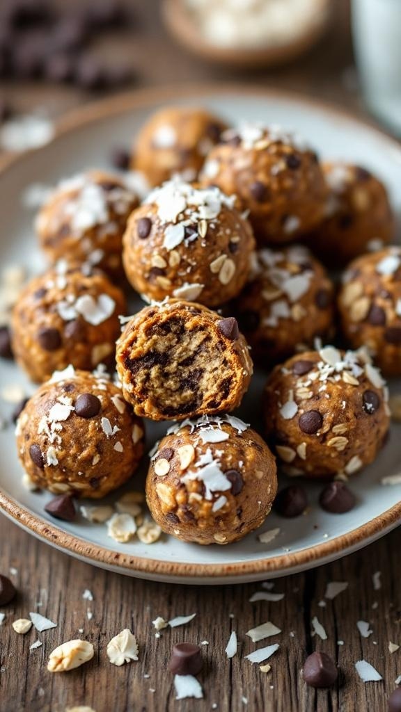 A plate of nutty energy bites with chocolate chips and shredded coconut, some bites are broken open to show the inside.