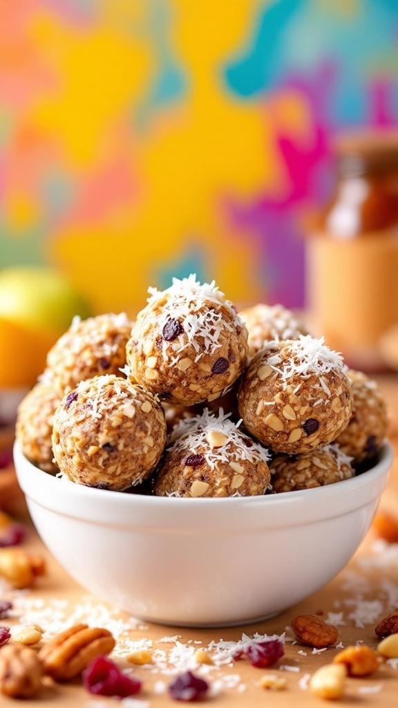 A bowl of nutty energy bites topped with shredded coconut, surrounded by nuts and a colorful background.