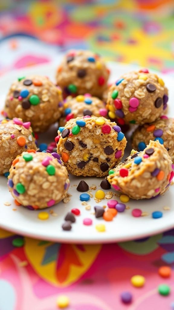 A plate of colorful nutty energy bites with chocolate chips and sprinkles.