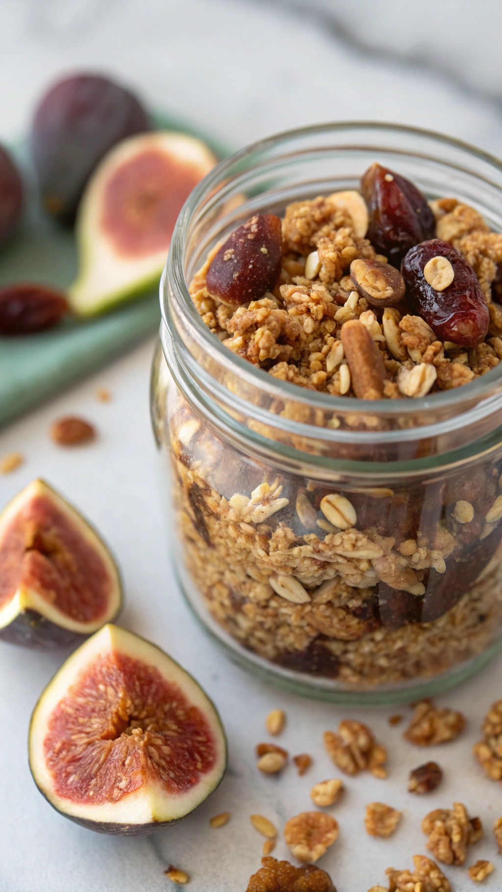 A jar of Nutty Fig and Date Granola with fresh figs beside it.