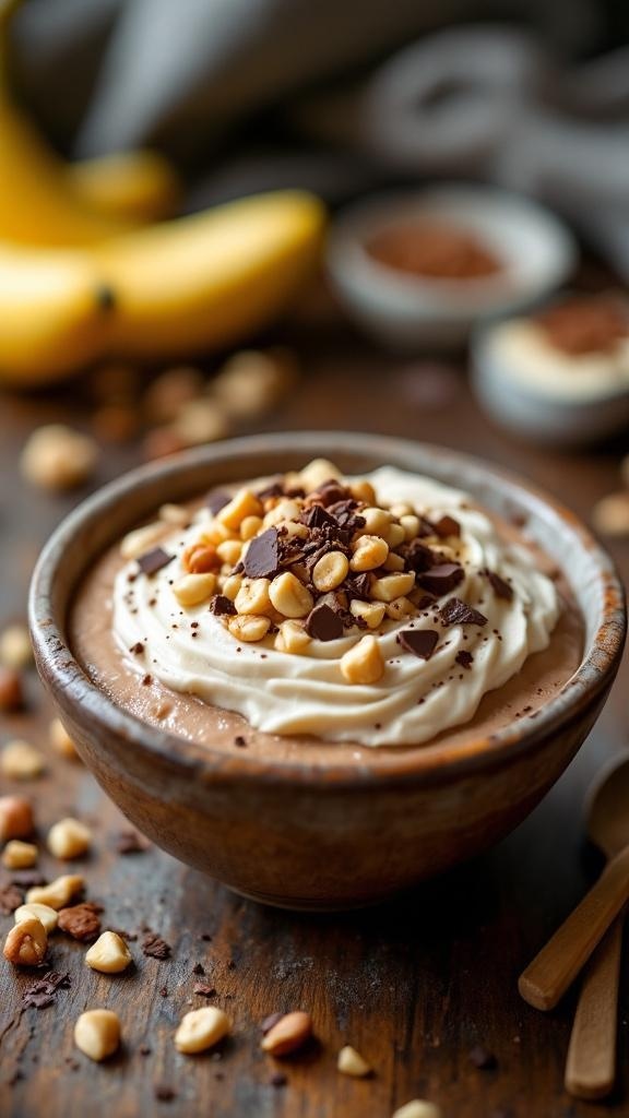 A bowl of Nutty Hazelnut Banana Protein Pudding topped with whipped cream, chopped hazelnuts, and chocolate shavings, with bananas in the background.