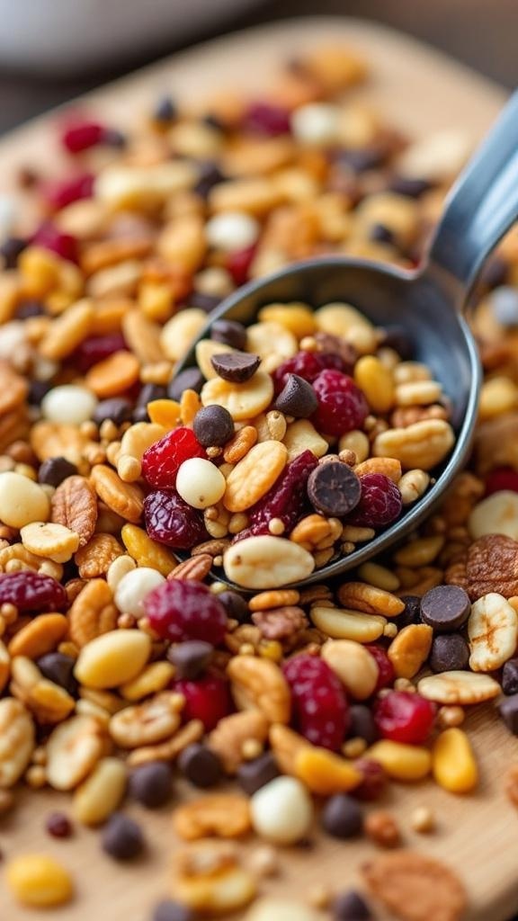 A close-up of a colorful homemade trail mix with nuts, dried fruits, and chocolate chips.