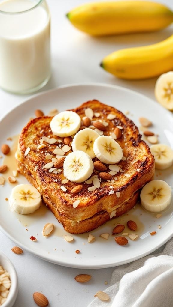 Almond Butter French Toast topped with banana slices and almonds, served with a glass of milk.
