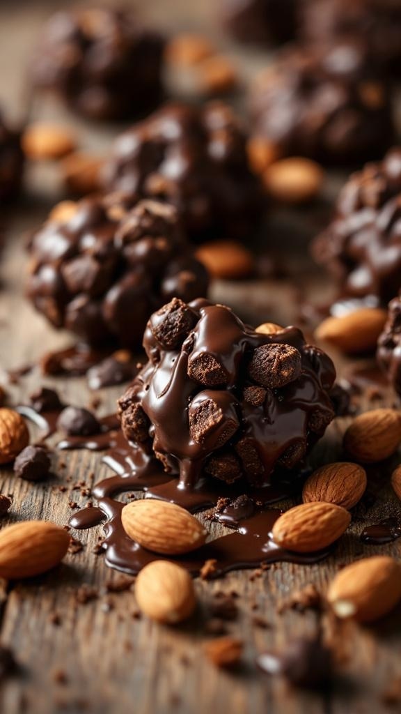 Dark chocolate almond clusters with whole almonds scattered around.